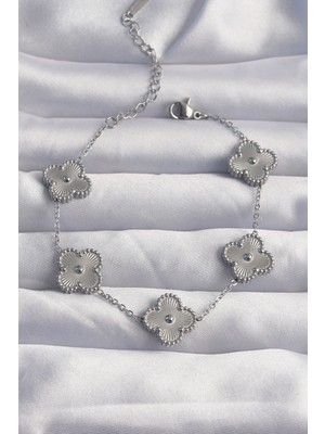 Epilons 316L Çelik Gümüş Renk Motifli Yonca Bileklik - TJ-BB6269