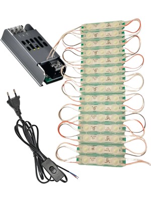 Powerr Led Aydınlatma 20 Adet 12 Volt 1.5 Watt 3 Lensli Yeşil 2835 Smd LED Modül IP65 Modül 5A Trafo ve Arapurlu Güç Kablolu Set