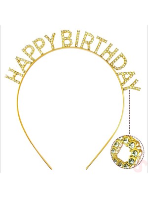 Altın Gold Renk Kristal Taşlı Parlak Happy Birthday Taç 16X17 cm (Store-Mania)