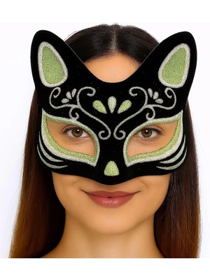 Siyah Renk Süet Kaplama Üzeri Gümüş Yeşil Simli Kedi Maskesi 17X14 cm (Store-Mania)