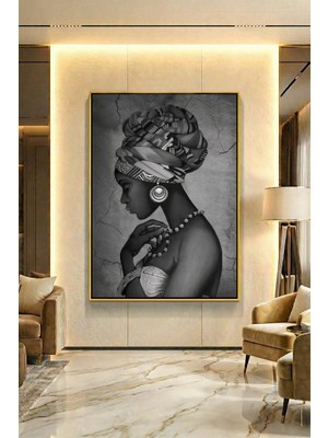 Wallivo Eskiz Siyahi Kadın Portresi Siyah Metal Çerçeveli Kanvas Tablo