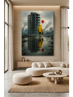 Wallivo Balonu ve Oyuncak Ayısıyla Terk Edilmiş Şehirde Çocuk Kanvas Tablo
