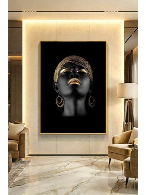 Wallivo Klasik Altın Rujlu Siyahi Kadın Siyah Metal Çerçeveli Kanvas Tablo
