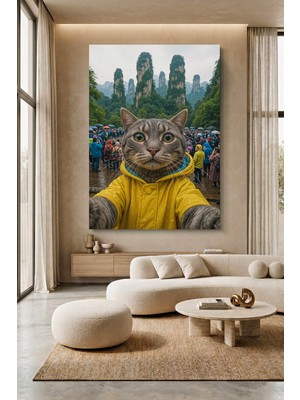 Wallivo Gezgin Kedi - Seyahate Çıkan Kedi Illüstrasyonu Kanvas Tablo