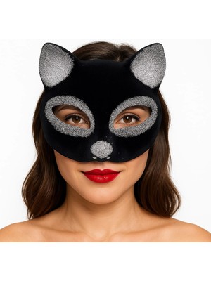 Siyah Renk Gümüş Simli Süet Kaplama Kedi Maskesi 18X14 cm (Store-Mania)
