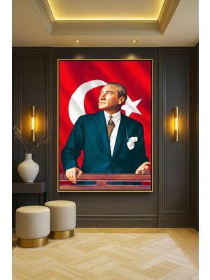 Wallivo Mustafa Kemal Atatürk Portre - Model 19 Gold Metal Çerçeveli Kanvas Tablo