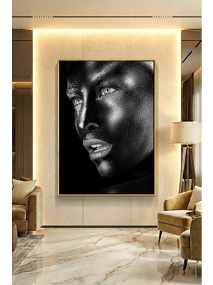 Wallivo Sola Bakan Gri Rujlu Siyahi Kadın Gümüş Metal Çerçeveli Kanvas Tablo