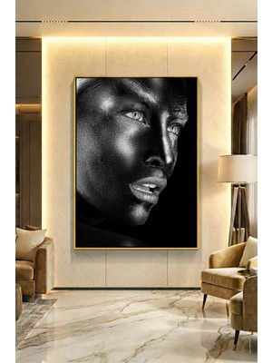 Wallivo Sağa Bakan Gri Rujlu Siyahi Kadın Bronz Metal Çerçeveli Kanvas Tablo