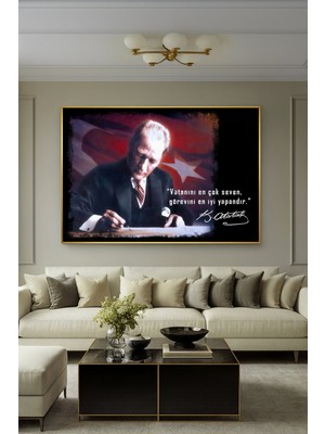 Wallivo Atatürk Çalışma Masasında Yazarken - Model 1 Ofis Siyah Metal Çerçeveli Kanvas Tablo