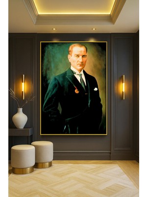 Wallivo Mustafa Kemal Atatürk Portre - Model 14 Gold Metal Çerçeveli Kanvas Tablo