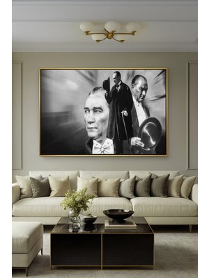Wallivo Mustafa Kemal Atatürk Siyah Beyaz (Monokrom) Portre - Model 1 Gümüş Metal Çerçeveli Kanvas Tablo