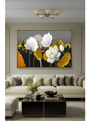 Wallivo Çiçek Ordusu Motifli - Yoğun Çiçek Desenli Dekoratif Gold Metal Çerçeveli Kanvas Tablo