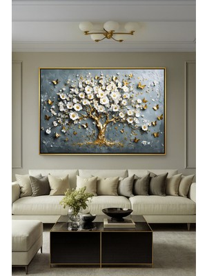 Wallivo Gri Temalı Ağaç ve Çiçek Motifi - Melankolik ve Şık Gold Metal Çerçeveli Kanvas Tablo