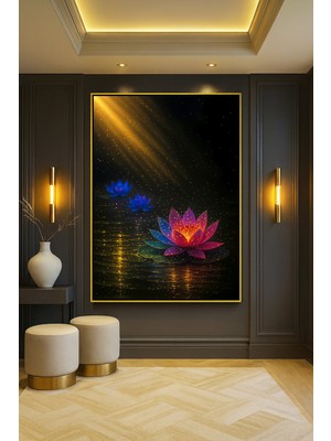 Wallivo Lotus Çiçeği - Spiritüel ve Huzur Veren Modern Bronz Metal Çerçeveli Kanvas Tablo
