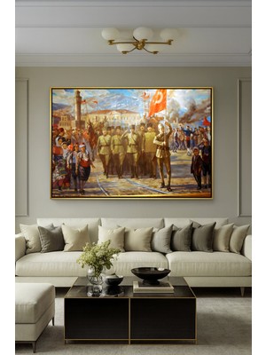 Wallivo Türk Ordusunun Izmir'e Girişi - Kurtuluş Savaşı Tarihi Gold Metal Çerçeveli Kanvas Tablo