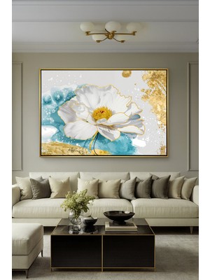 Wallivo Orta Işıkta Renkli Çiçekler - Pastel Tonlu Gold Metal Çerçeveli Kanvas Tablo