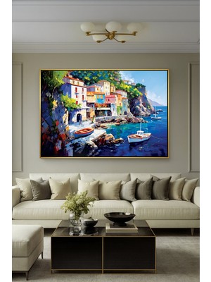 Wallivo Teknelerle Deniz Manzarası - Huzur Veren Mavi Sanat Siyah Metal Çerçeveli Kanvas Tablo