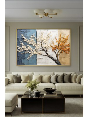 Wallivo Üç Açık Renk Tonlu Çiçek Motifi - Sade ve Şık Siyah Metal Çerçeveli Kanvas Tablo