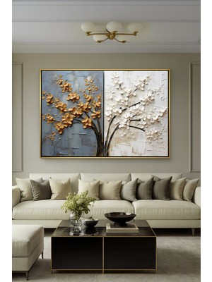 Wallivo Iki Mevsim Temalı Çiçek Motifi - Ilkbahar ve Sonbahar Geçişi Gümüş Metal Çerçeveli Kanvas Tablo