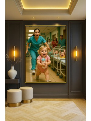 Wallivo Speedy Baby - Hızlı Bebek Temalı Mizahi Modern Bronz Metal Çerçeveli Kanvas Tablo