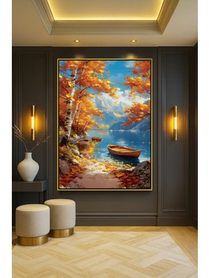 Wallivo Turuncu Temalı Nehir Manzarası - Gün Batımı Gümüş Metal Çerçeveli Kanvas Tablo