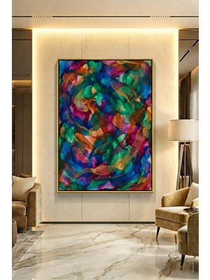 Wallivo Bulanık Fırçalarla Karışmış Canlı Renkler Cümbüşü Bronz Metal Çerçeveli Kanvas Tablo