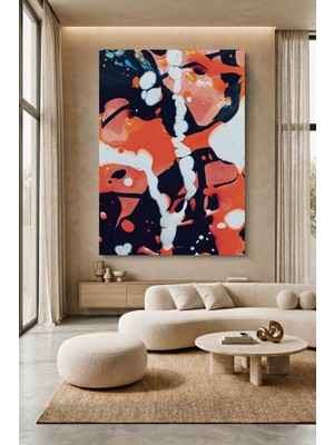 Wallivo Koyu Arka Planda Turuncu ve Beyaz Boya Sıçramalarıyla Soyut Kanvas Tablo