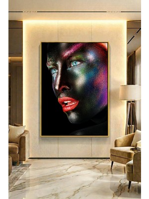 Wallivo Sola Bakan Kırmızı Rujlu Siyahi Kadın Gümüş Metal Çerçeveli Kanvas Tablo