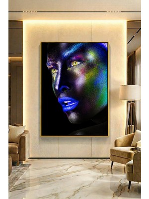 Wallivo Sola Bakan Mavi Rujlu Siyahi Kadın Siyah Metal Çerçeveli Kanvas Tablo