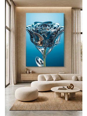 Wallivo Gümüş Gül ve Yaprakları Soluk Mavi Tonlar Model 2 Kanvas Tablo