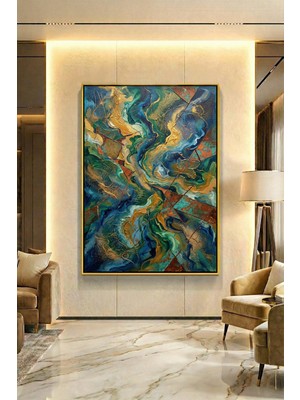 Wallivo Soyut Dalgalar Arasında Altın Çatlaklar Gümüş Metal Çerçeveli Kanvas Tablo