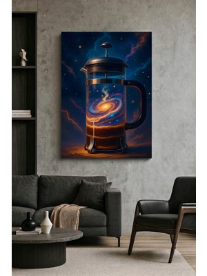 Wallivo Evreni Demleyen Kozmik French Press ve Sarmal Galaksi Kahvesi Konsept Sanatı Kanvas Tablo
