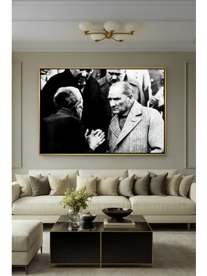 Wallivo Atatürk Vatandaşı Dinlerken - Model 1 Halkla Iç Içe Bronz Metal Çerçeveli Kanvas Tablo