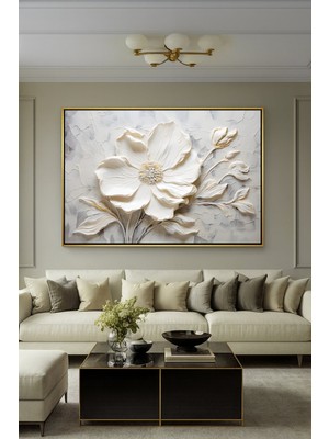 Wallivo Yüksek Kabartma Görünümlü Beyaz Çiçek Motifi - 3D Etkili Bronz Metal Çerçeveli Kanvas Tablo