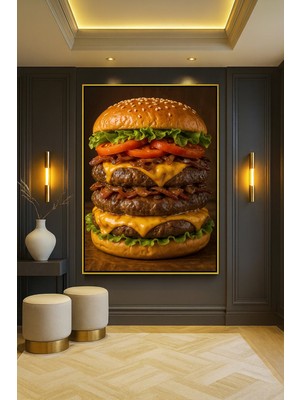 Wallivo Triple Whopper Burger - Pop Art Tarzı Fast Food Gold Metal Çerçeveli Kanvas Tablo