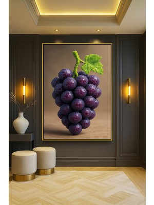 Wallivo Yuvarlak Mor Üzümler - Klasik Meyve Natürmort Bronz Metal Çerçeveli Kanvas Tablo
