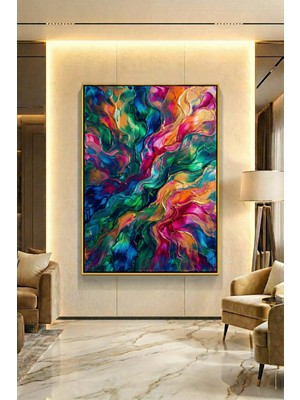 Wallivo Neşeli Dalgalar ve Canlı Fırça Vuruşları Gold Metal Çerçeveli Kanvas Tablo