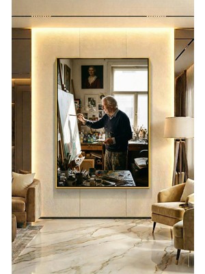 Wallivo Yaşlı Ressamın Işıkla Dolu Atölyesi Bronz Metal Çerçeveli Kanvas Tablo