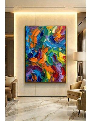 Wallivo Renk Çağlayanı Soyut Fırçaların Dansı Gold Metal Çerçeveli Kanvas Tablo