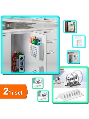 Hereveoyuncak Dolap Kapağına Asılabilen Deterjanlık + Beyaz 2 Adet 8 Bölmeli Tencere Kapak Rafı - 2li Set V2V7S0