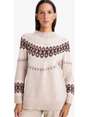 DeFacto Regular Fit Bisiklet Yaka Desenli Triko Kazak Tunik G5887AX25WN