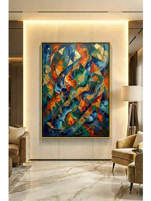 Wallivo Soyut Girdapta Altın Yapraklar ve Geometrik Sırlar Gold Metal Çerçeveli Kanvas Tablo