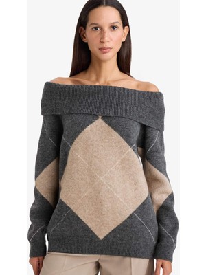 DeFacto Oversize Geniş Kalıp Açık Omuz Baklava Desenli Triko Kazak G7685AX25WN