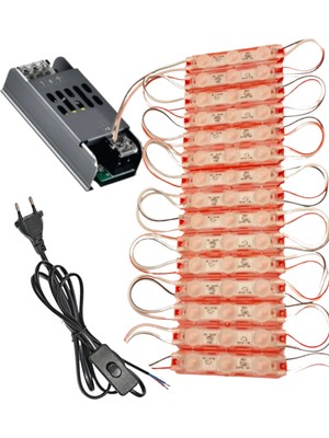 Powerr Led Aydınlatma 20 Adet 12 Volt 1.5 Watt 3 Lensli Kırmızı 2835 Smd LED Modül IP65 Modül 5A Trafo ve Arapurlu Güç Kablolu Set