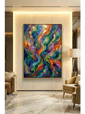 Wallivo Altın Dokunuşlarla Dans Eden Rengarenk Akış Bronz Metal Çerçeveli Kanvas Tablo