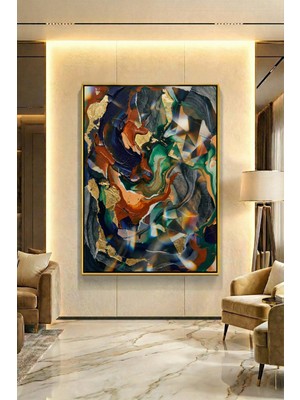 Wallivo Kırık Prizma Camında Koyu Altın Girdap Siyah Metal Çerçeveli Kanvas Tablo