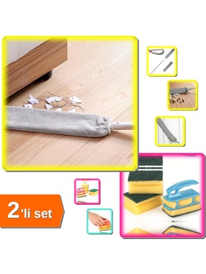 Hereveoyuncak Ulaşılması Zor Yüzeylere Mikrofiber Toz Alma Aparatı + Süngermatik ve 3 Adet Bulaşık Süngeri-2li Set