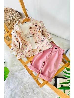 Miniğimin Cicileri Leopar Ceketli Kalp Baskılı Kız Çocuk 3 Lü Kız Bebek Takım - Pembe