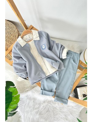 Miniğimin Cicileri Arma Nakış Detaylı Triko Hırkalı Erkek Bebek 3 Lü Takım - Mavi