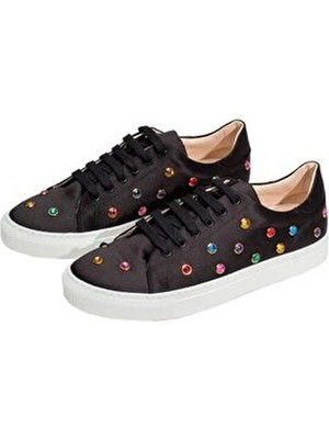 Escada Kadın Siyah Deri Ayakkabı Renkli Zımba Detaylı Düz Taban Hakiki Deri